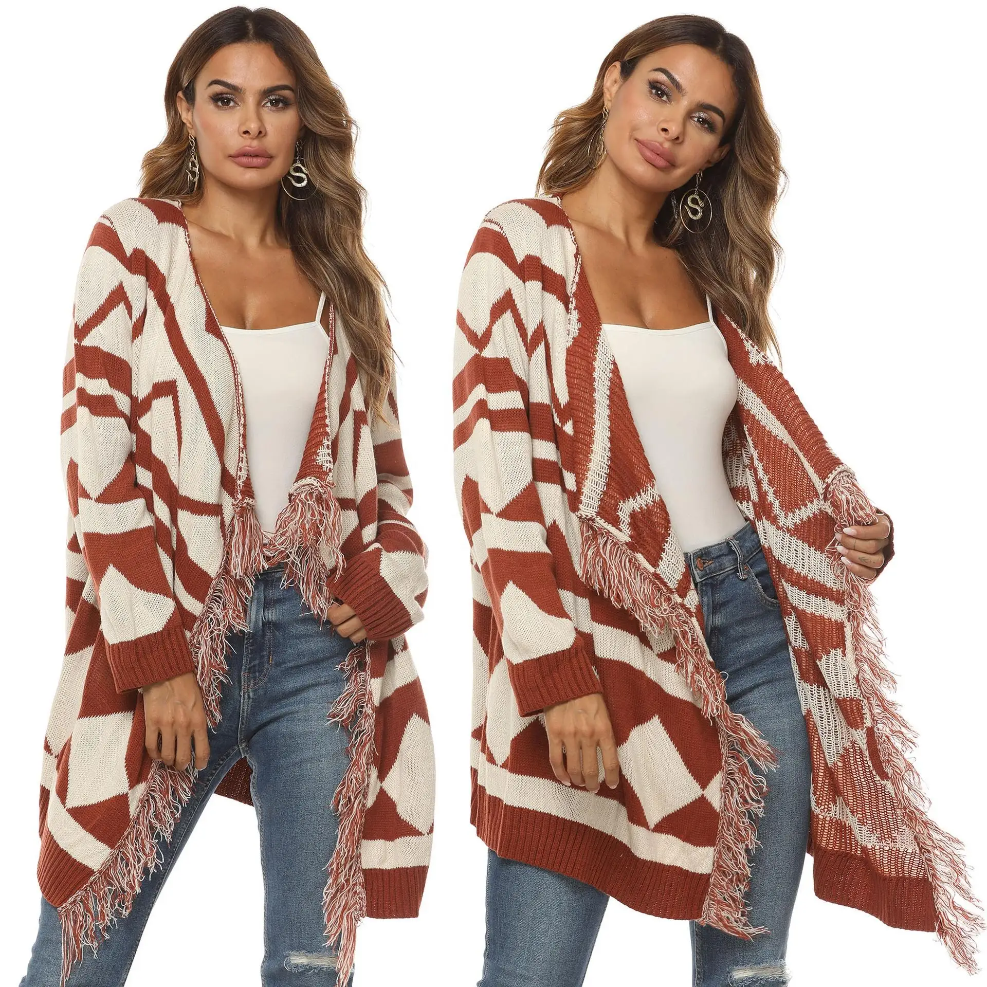 Autumn and winter women's woven rhombus irregular stitching tassel thick cardigan sweater coat, As picture or customized make
Autumn and winter women's woven rhombus irregular stitching tassel thick cardigan sweater coat, As picture or customized make