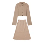 Brown houndstooth lapel short top blouse and high waist A line skirt 2 piece set