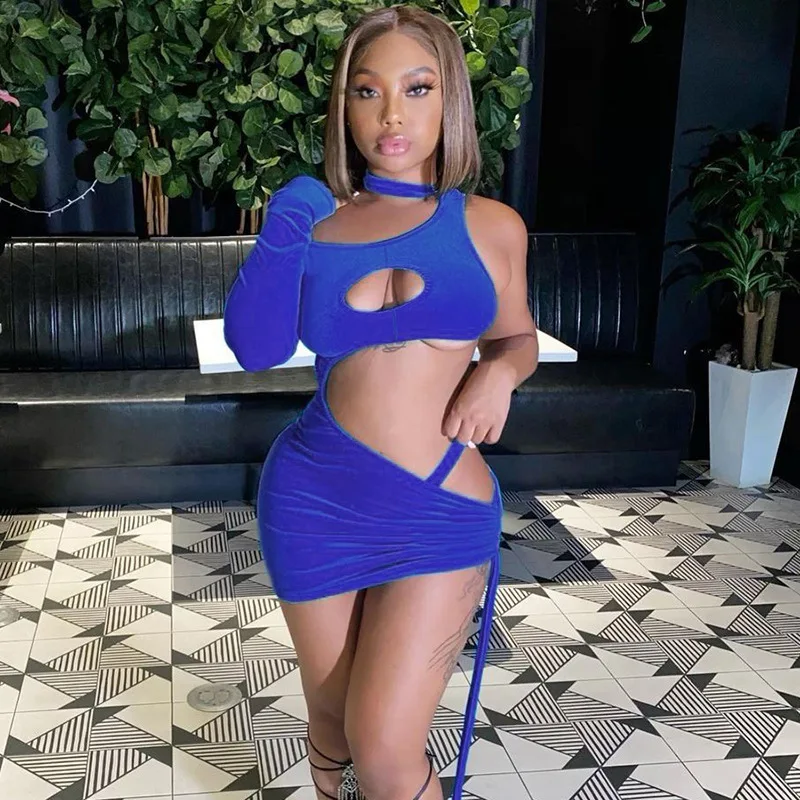 2021 spring women new fashion sexy one shoulder side hollow drawstring sexy dresses, Picture show
2021 spring women new fashion sexy one shoulder side hollow drawstring sexy dresses, Picture show