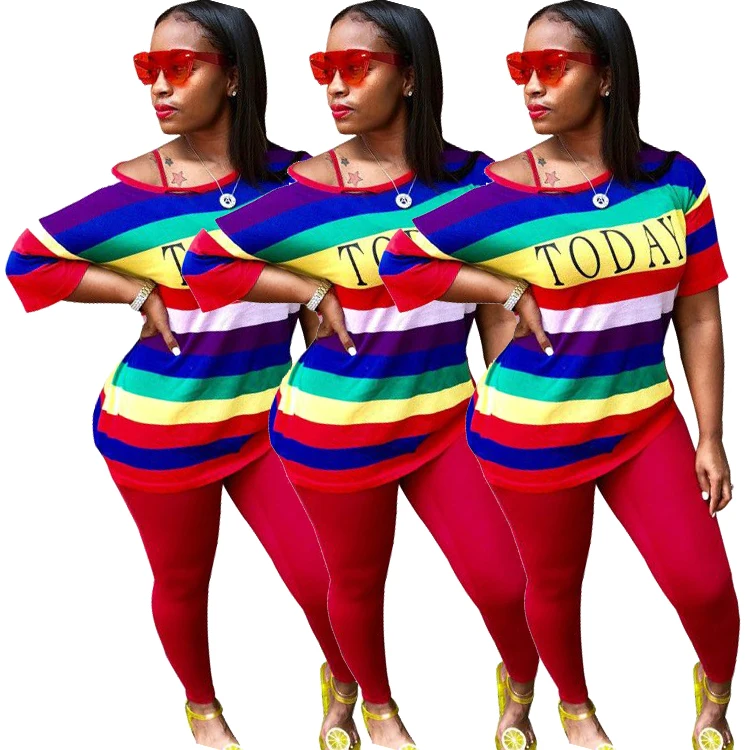 RS00034 Best Seller Women New Casual Rainbow Striped Letter Print Tshirt Solid Color Legging Two Piece Outfit Set
RS00034 Best Seller Women New Casual Rainbow Striped Letter Print Tshirt Solid Color Legging Two Piece Outfit Set