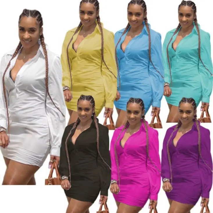 2020 Wholesale Fall Shirt Skirts Long Sleeve Sexy Casual Bodycon Mini Dresses For Women 
2020 Wholesale Fall Shirt Skirts Long Sleeve Sexy Casual Bodycon Mini Dresses For Women