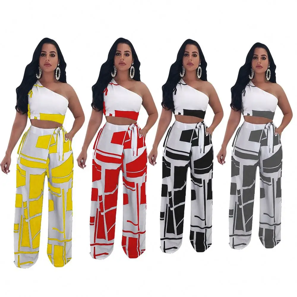 Geometric Print One Shoulder Crop Top And Loose Pants Women White Wide Legged Fashion Two Piece Set, As pictures showed
Geometric Print One Shoulder Crop Top And Loose Pants Women White Wide Legged Fashion Two Piece Set, As pictures showed