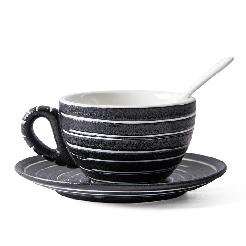 Stripe high quality intaglio black matt frosted relief latte Garland Ceramic coffee mug set cup creativos tea cup with dish
Stripe high quality intaglio black matt frosted relief latte Garland Ceramic coffee mug set cup creativos tea cup with dish