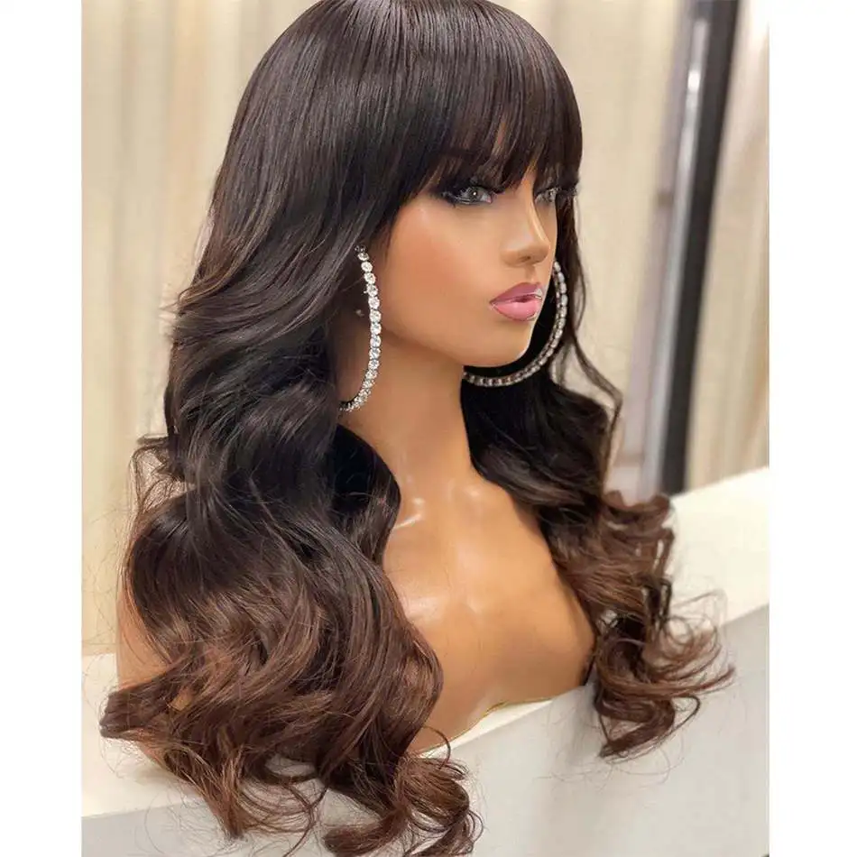 

Brown Ombre Brazilian Remy Human Hair Body Wave Wigs with Bangs Fringe Ombre Human Hair Lace Front Wig for Women