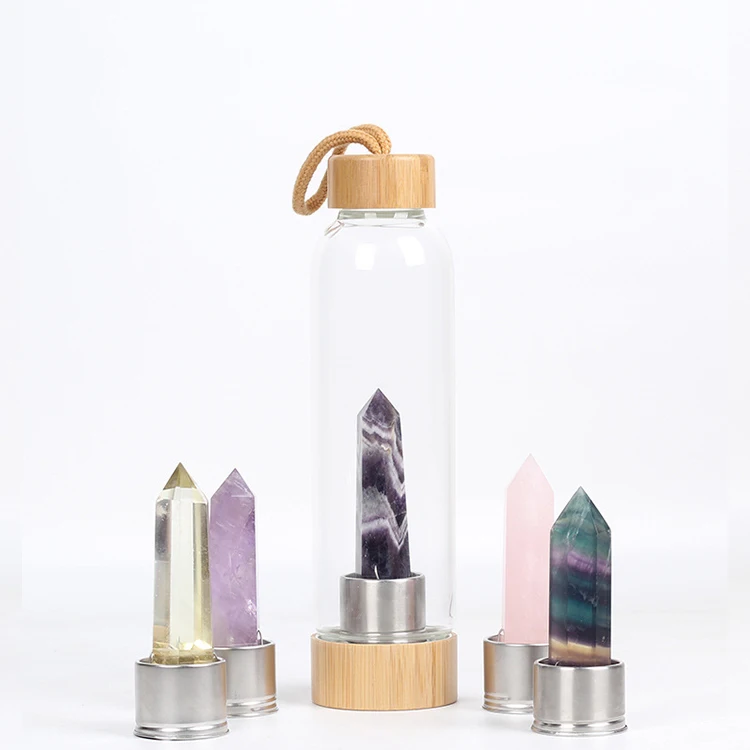 

Custom logo glass gemstone crystal energy drink bottle with Bamboo Lid, As picture shown