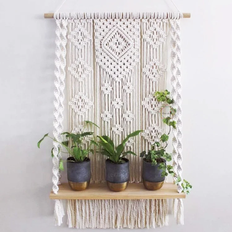 decorative wooden wall shelf macrame hanging shelf indoor plant pot shelf, Different colors 
decorative wooden wall shelf macrame hanging shelf indoor plant pot shelf, Different colors