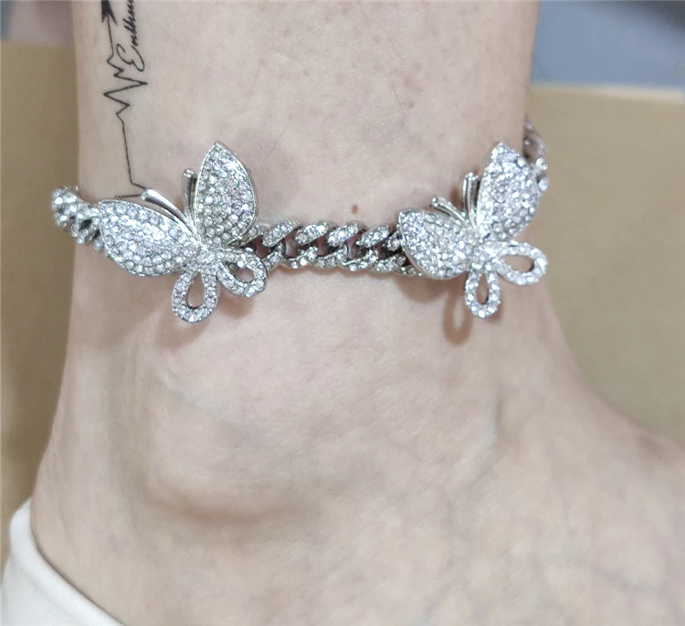 

Top Ranking Women Foot Jewelry Bling Butterfly Ankle Bracelet Micro Insert Crystal Cuban Chain Butterfly Anklet