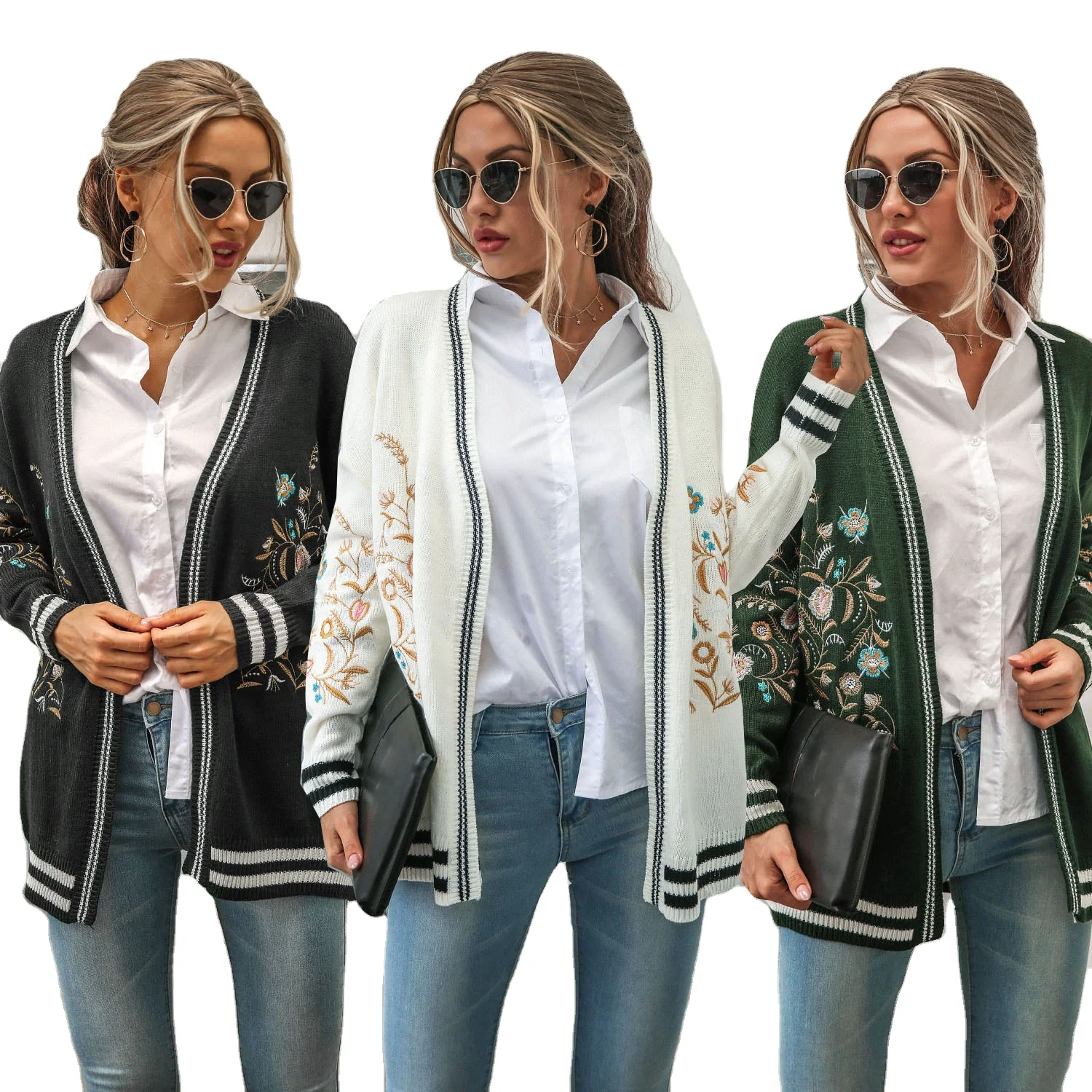 Ladies autumn and winter casual embroidery knitted cardigan V-neck long-sleeved sweater coat
Ladies autumn and winter casual embroidery knitted cardigan V-neck long-sleeved sweater coat