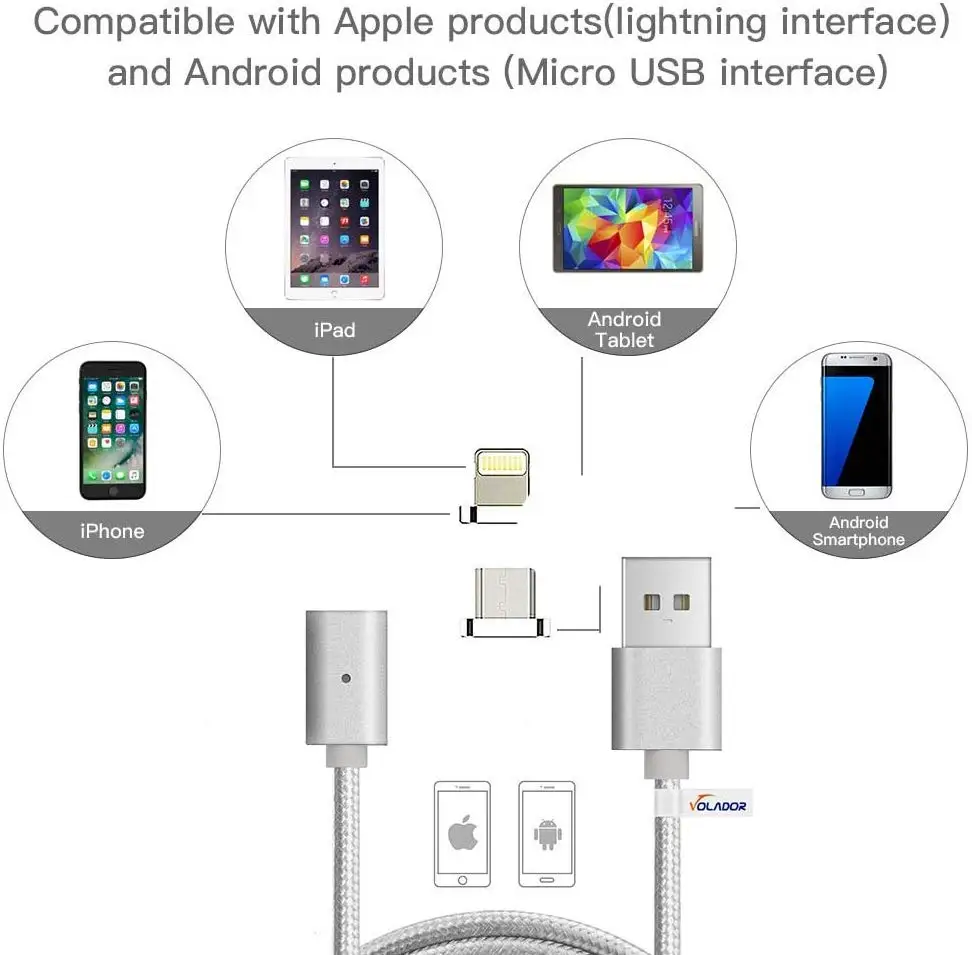 2 in 1 Magnetic USB Cable 3.3ft Lighting and Micro USB Braided Charging Sync Cord for Android and Apple Devices (Silver) - ANKUX.COM
