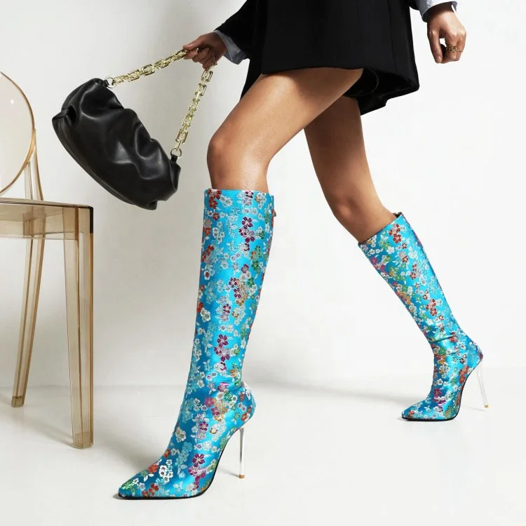 New Design Embroidered Style Pointed Toe Stiletto High-tube Knee High Women's Boots Clear Heel Back Zipper Floral Pattern Boots, Gold,yellow,blue,pink
New Design Embroidered Style Pointed Toe Stiletto High-tube Knee High Women's Boots Clear Heel Back Zipper Floral Pattern Boots, Gold,yellow,blue,pink