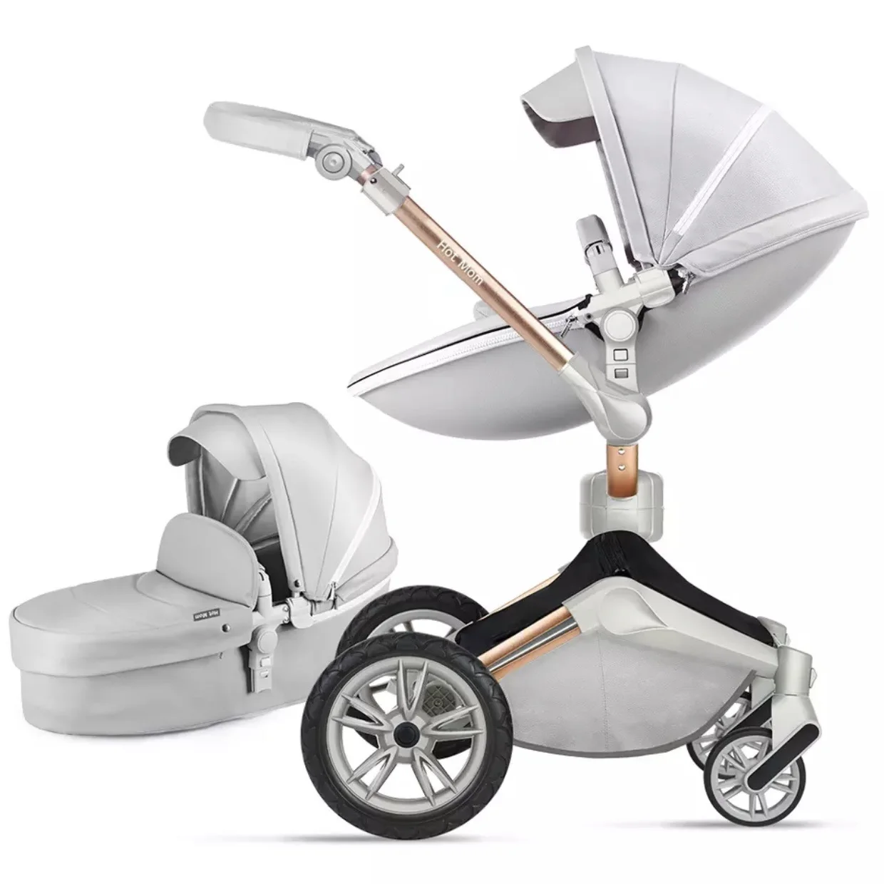 

High landscape hotmom Deluxe PU Leather baby stroller,European standard, Infant folding Pram carts Pushchair, White/black /brown