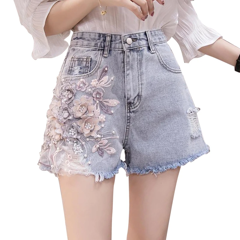 Summer Korean style ripped denim shorts women's high waist all-match three-dimensional flower beaded wide-leg hot pants
Summer Korean style ripped denim shorts women's high waist all-match three-dimensional flower beaded wide-leg hot pants