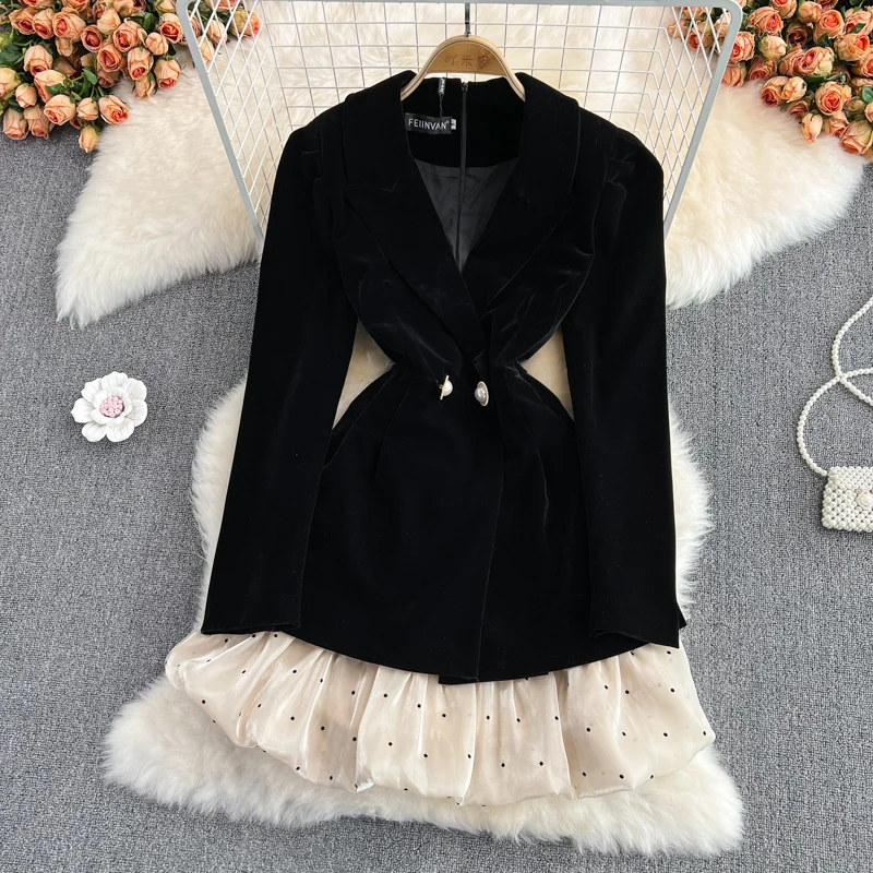 Fall Winter Fashion Elegant Mid-Length Dress Waist Slimming Patchwork Long Sleeve Dress Polka Dot Puff Sleeve Velvet Dress
Fall Winter Fashion Elegant Mid-Length Dress Waist Slimming Patchwork Long Sleeve Dress Polka Dot Puff Sleeve Velvet Dress