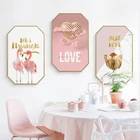 Custom modern heart flamingo abstract pattern oil paintings with golden frame cute pink painting