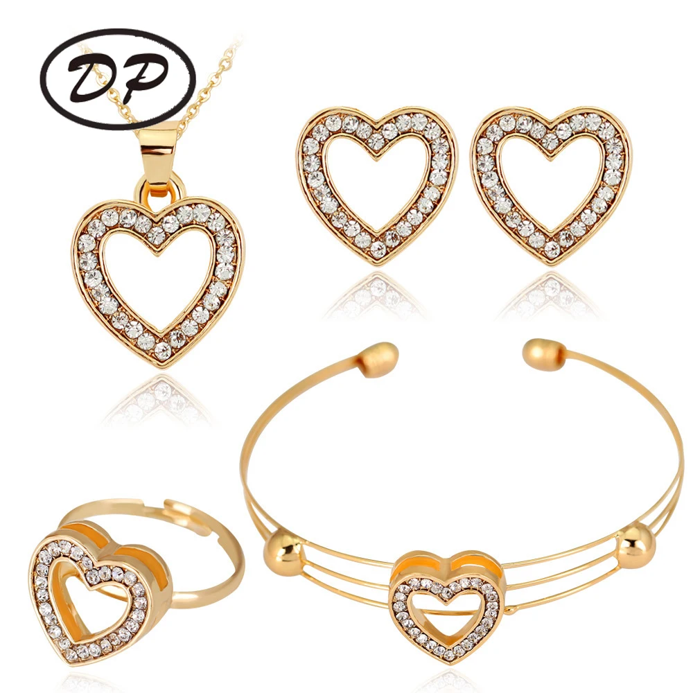 DP 4pcs jewelry set Fashion exquisite necklace set hollow diamond heart earrings ring and bracelet, Gold sliver or customized color
DP 4pcs jewelry set Fashion exquisite necklace set hollow diamond heart earrings ring and bracelet, Gold sliver or customized color