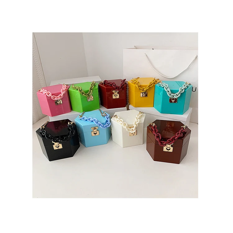 Polygon Candy Color Acrylic Bags Mini Make Up Small Bags For Women Metal Chains Lock Handbags Female Summer PVC Purses
Polygon Candy Color Acrylic Bags Mini Make Up Small Bags For Women Metal Chains Lock Handbags Female Summer PVC Purses