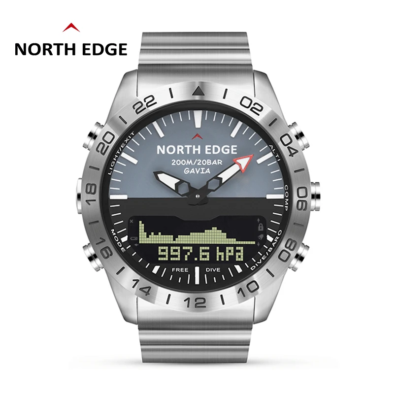 

North Edge GAVIA 2MEN Dive sports Digital water Mens watches AMY Luxury Full steel Business waterproof room Altimeter compass, Black