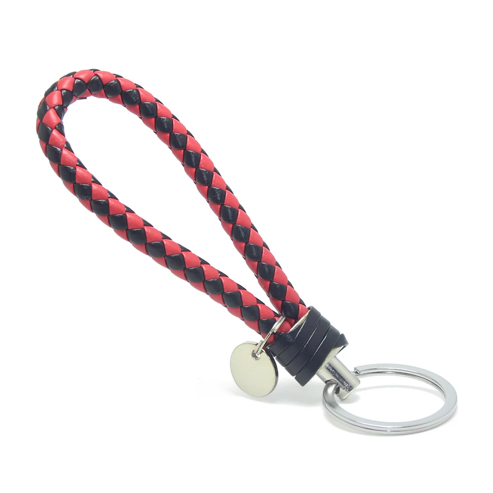 Hot Sale Manual Hand Braided Rope Leather Keyring Alloy Metal Silver Round Medal Tag Cord Leather Key Chain Strap Braid Keychain