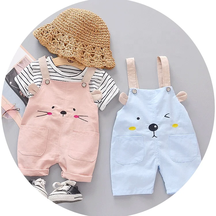 Cute girl round neck striped short-sleeved T-shirt and embroidered cute pattern suspender shorts 2-piece hot selling girl clothe, Picture
Cute girl round neck striped short-sleeved T-shirt and embroidered cute pattern suspender shorts 2-piece hot selling girl clothe, Picture