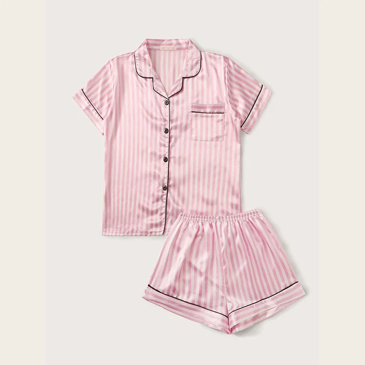 High Quality Ladies Nightwear Sexy Silk Shorts Sleepwear Striped Piping Trim Satin Pajamas Set
High Quality Ladies Nightwear Sexy Silk Shorts Sleepwear Striped Piping Trim Satin Pajamas Set