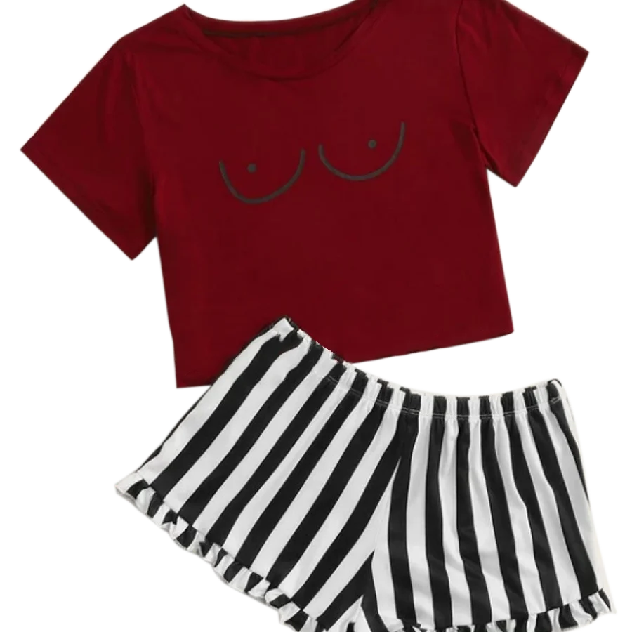 Graphic print top with striped shorts designer pajamas 2 piece woman sleepwear set lounge wear pajamas for women, Picture shows
Graphic print top with striped shorts designer pajamas 2 piece woman sleepwear set lounge wear pajamas for women, Picture shows