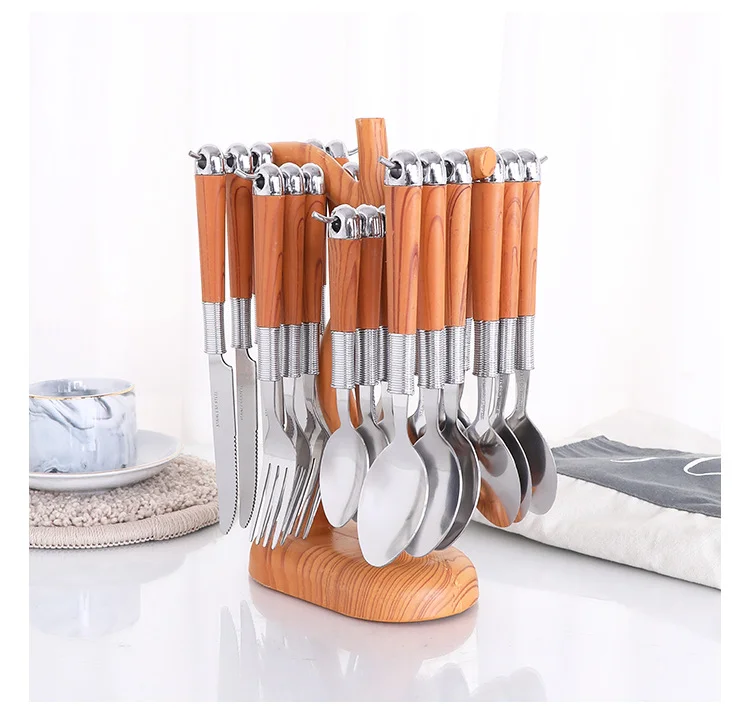 Creative Wooden Handle Stainless Steel Flatware Set Knife Fork Spoon Portable 24-piece Cutlery Set With Cutlery Rack
Creative Wooden Handle Stainless Steel Flatware Set Knife Fork Spoon Portable 24-piece Cutlery Set With Cutlery Rack
