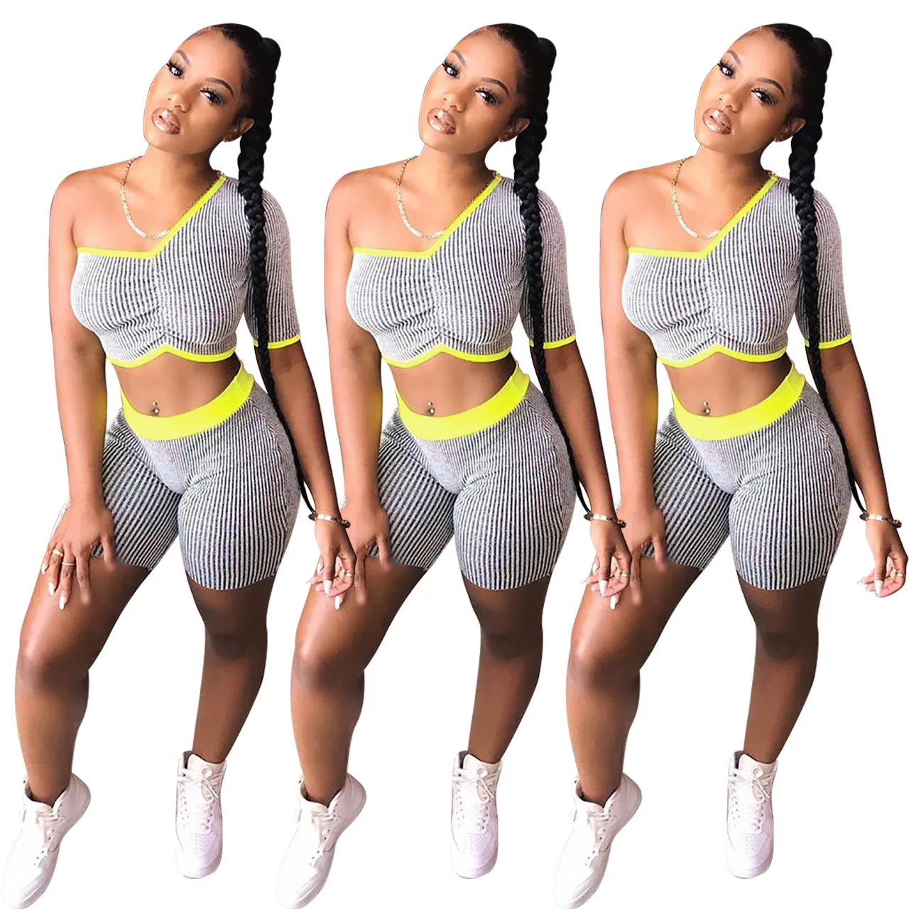 2021 New One Shoulder Crop Top Casual Shorts Stripe Two Piece Shorts Set Women Clothing Patchwork Sexy 2 Piece Shorts Set
2021 New One Shoulder Crop Top Casual Shorts Stripe Two Piece Shorts Set Women Clothing Patchwork Sexy 2 Piece Shorts Set