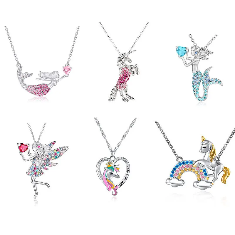 

2021 Amazon hot sell diamond rhinestone unicorn mermaid ballet dancing girls kids child children women necklaces jewelry set kit, Picture shown