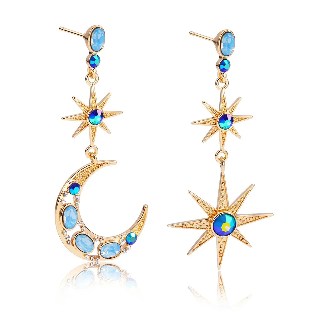 Korea Style Asymmetrical Blue Star Moon Stud Copper Earrings for Gold Color Rhinestone Girl Women Party Gift
Korea Style Asymmetrical Blue Star Moon Stud Copper Earrings for Gold Color Rhinestone Girl Women Party Gift