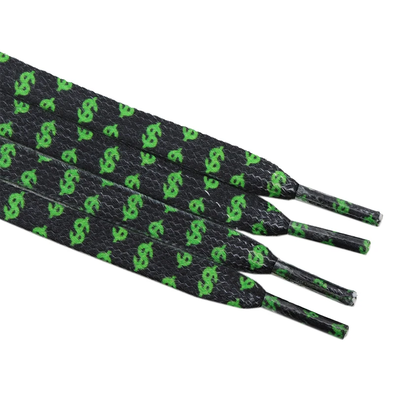 Jinjiang shoelaces company Flat printed dollars pattern style shoelaces with cool pattern black and green, Bule and white
Jinjiang shoelaces company Flat printed dollars pattern style shoelaces with cool pattern black and green, Bule and white