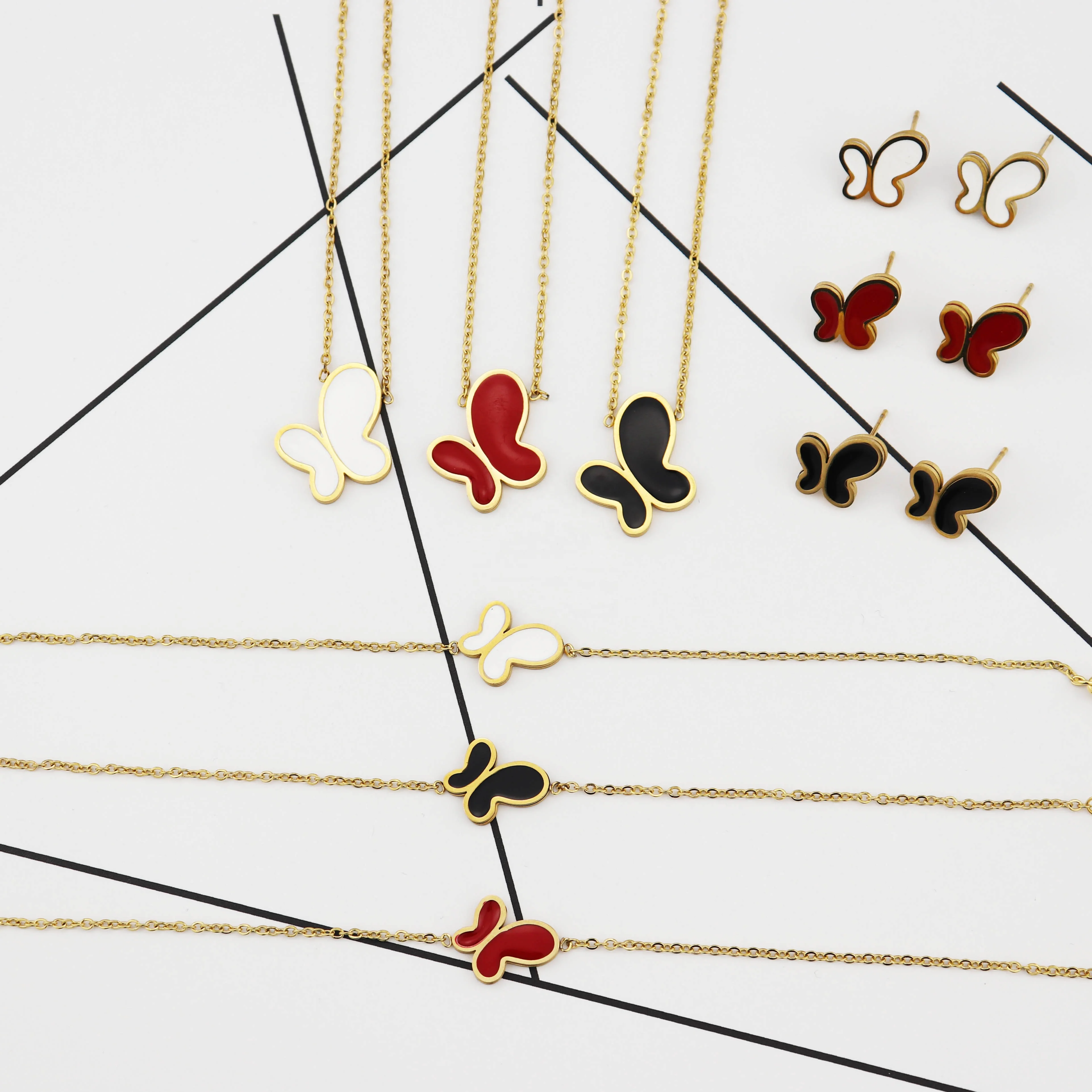 Hot sale Fashion stainless steel jewelry butterfly necklace Bracelet and earring jewelry women girl set plated gold jewelry set, Black/white/red
Hot sale Fashion stainless steel jewelry butterfly necklace Bracelet and earring jewelry women girl set plated gold jewelry set, Black/white/red