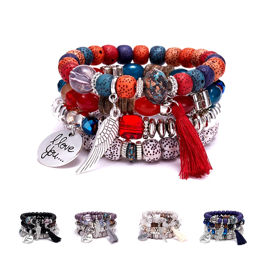 

Rinhoo Fashion Vintage Ethnic multilayer big beads Bracelets Bohemia Statement Bangles Bracelets for women, Sliver