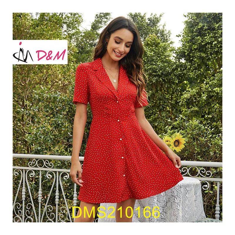 

D&M Fahsion New Design Trun Collar Polka Dot Print Skater Dress Short Sleeve Shirt Dress For Ladies, Shown,or customized color,provide color swatches