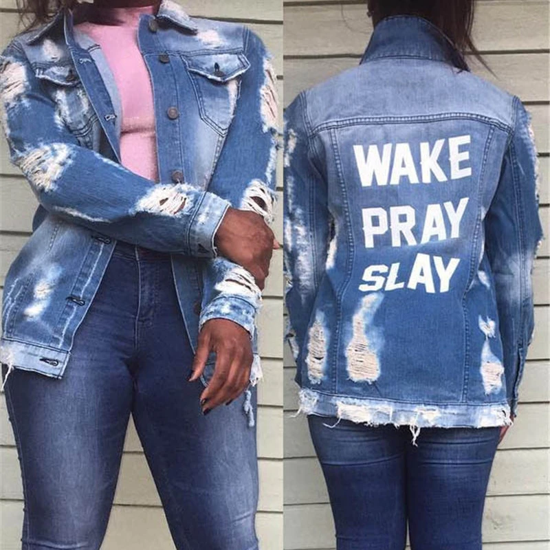 2021 sexy fashion all-match winter women's ripped light blue denim jacket top, Customized color
2021 sexy fashion all-match winter women's ripped light blue denim jacket top, Customized color
