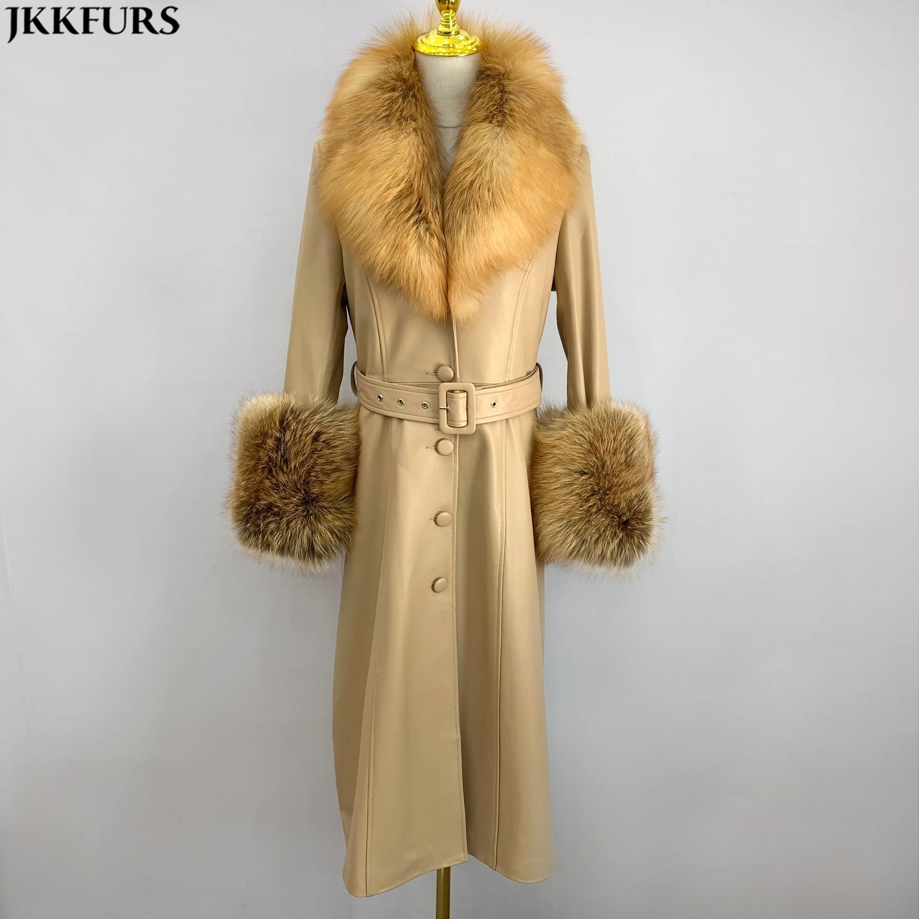 Hot Sale Genuine Leather Jacket Long Trench Coat with Fur Cuff Motorcycle Jacket Overcoat, Customized color
Hot Sale Genuine Leather Jacket Long Trench Coat with Fur Cuff Motorcycle Jacket Overcoat, Customized color