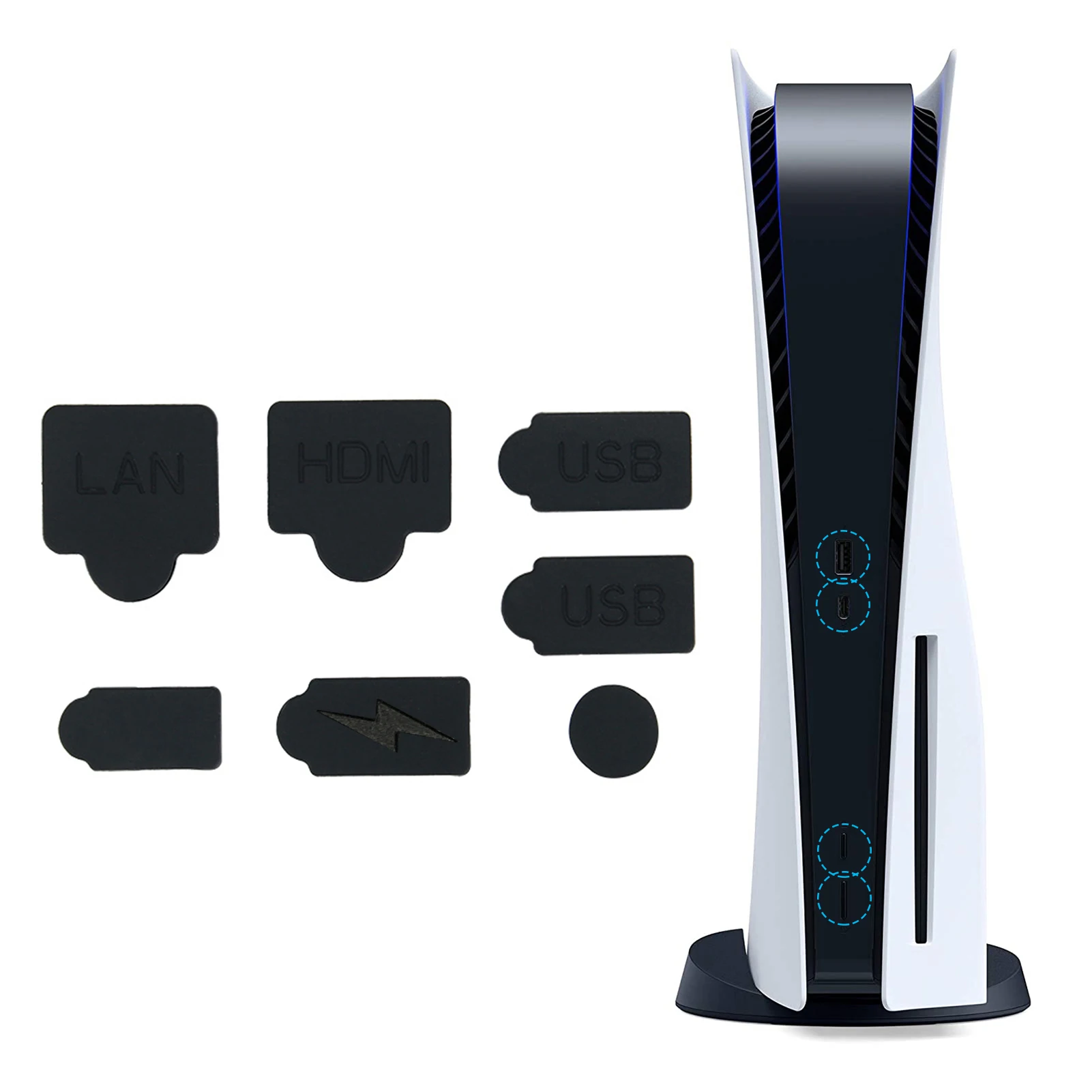 7 in 1 Silicone Dust Plugs Set for PS5 Console USB HDM Interface Anti-dust Cover Dustproof Plug For PS5 Console, Black
7 in 1 Silicone Dust Plugs Set for PS5 Console USB HDM Interface Anti-dust Cover Dustproof Plug For PS5 Console, Black
