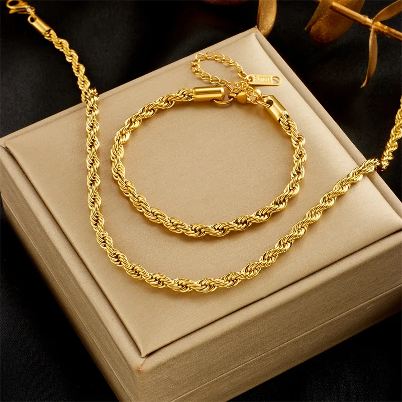 Wholesale Trendy Stainless Steel Twist Rope Chain Necklace Bracelet Set Fashion 18k Gold Plated Braided Jewelry Set For Women
Wholesale Trendy Stainless Steel Twist Rope Chain Necklace Bracelet Set Fashion 18k Gold Plated Braided Jewelry Set For Women