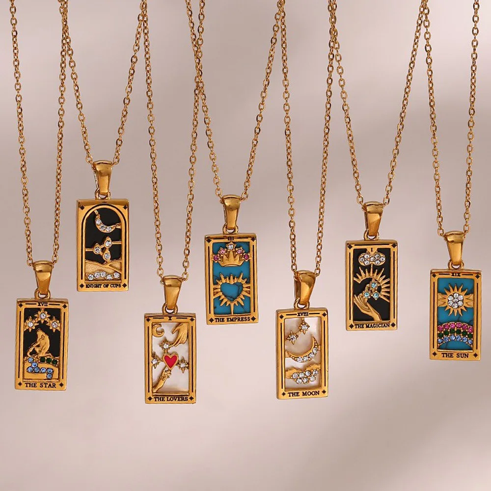 Trendy Square Colorful Enamel Zircon Tarot Cards Pendant Necklace 18K Gold Plated Star Moon Stainless Steel Necklaces For Women
Trendy Square Colorful Enamel Zircon Tarot Cards Pendant Necklace 18K Gold Plated Star Moon Stainless Steel Necklaces For Women
