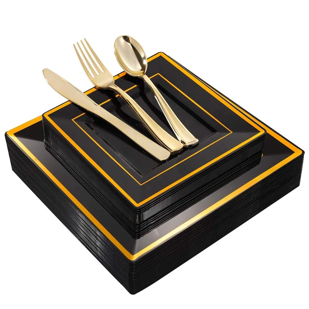 125pcs Gold Rim Black Disposable Plastic Square Dinnerware set, Black +gold rim 
125pcs Gold Rim Black Disposable Plastic Square Dinnerware set, Black +gold rim