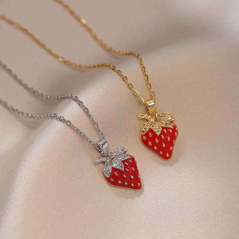 Fashion Women Stainless Steel Necklace Zircon Strawberry Enamel Choker Necklace Jewelry
Fashion Women Stainless Steel Necklace Zircon Strawberry Enamel Choker Necklace Jewelry