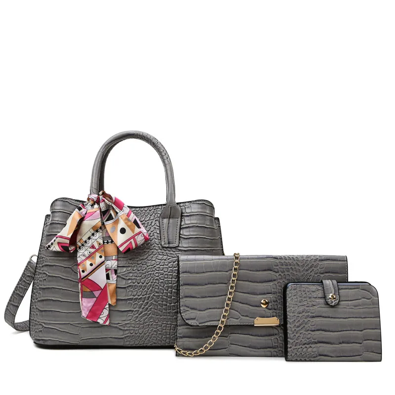 2021 fashion trend silk scarf crocodile pattern three-piece handbag set temperament lady messenger bag, Brown/gray/black/dark violet
2021 fashion trend silk scarf crocodile pattern three-piece handbag set temperament lady messenger bag, Brown/gray/black/dark violet