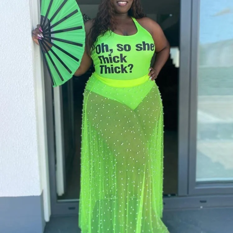 Summer Green Sexy Fashion Letter Printed Bodysuit Beads Skirts Gauze Plus Size Women Two Piece Sheer Maxi Dress Long Skirt Set, Green,blue
Summer Green Sexy Fashion Letter Printed Bodysuit Beads Skirts Gauze Plus Size Women Two Piece Sheer Maxi Dress Long Skirt Set, Green,blue