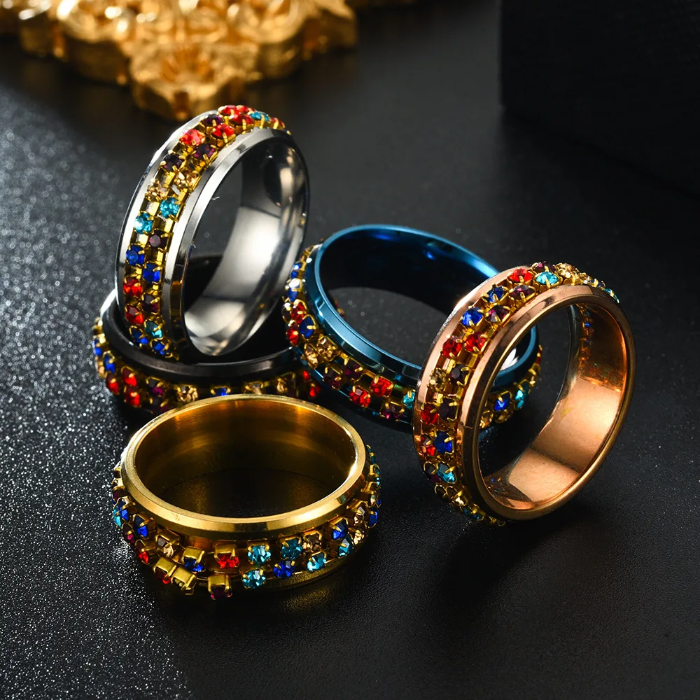 Hiphop Jewelry Ring Stainless Steel Colorful Diamond Chain Rotation Ring Fashion Jewelry Women Men Titanium Steel Ring, Picture shows
Hiphop Jewelry Ring Stainless Steel Colorful Diamond Chain Rotation Ring Fashion Jewelry Women Men Titanium Steel Ring, Picture shows