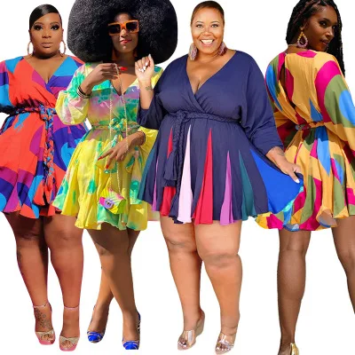 Plus Size Women Clothing Printed V-Neck Sexy Women Big Skirt With Belt Plus Size Dress
Plus Size Women Clothing Printed V-Neck Sexy Women Big Skirt With Belt Plus Size Dress