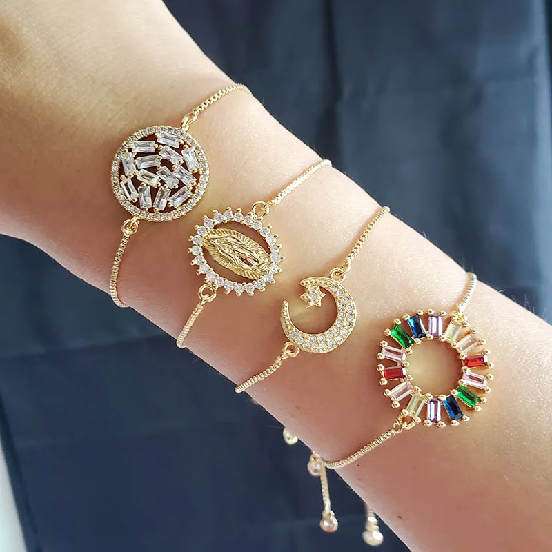 BC1266 Fashion adjustable plated Brass CZ Micro Pave wrist ladies blessed mother & rainbow circle& moon circle chain bracelet, Gold color
BC1266 Fashion adjustable plated Brass CZ Micro Pave wrist ladies blessed mother & rainbow circle& moon circle chain bracelet, Gold color