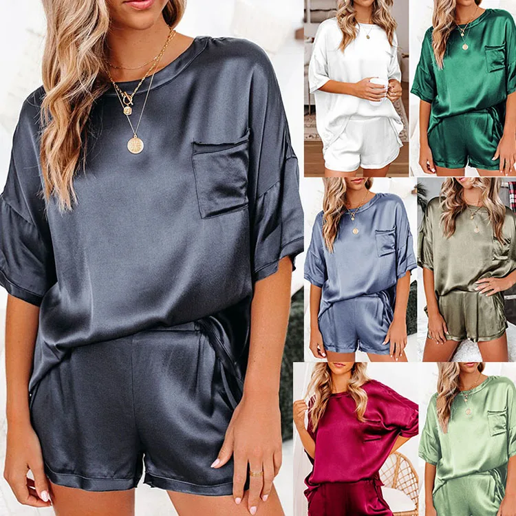 2021 New wholesale pajamas solid color silk pajamas home service short-sleeved shorts irregular two-piece suit, As picture
2021 New wholesale pajamas solid color silk pajamas home service short-sleeved shorts irregular two-piece suit, As picture