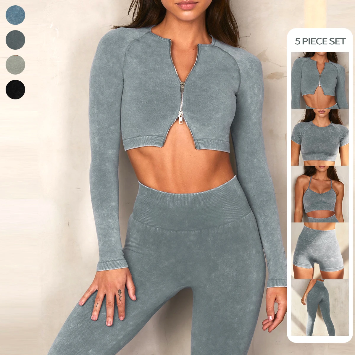TZ4981 Womens Gym Wear 5 Piece Yoga Set Seamless Acid Wash Short Sleeve T-shirt High Waist Workout Biker Shorts Fitness Set, 4 colors
TZ4981 Womens Gym Wear 5 Piece Yoga Set Seamless Acid Wash Short Sleeve T-shirt High Waist Workout Biker Shorts Fitness Set, 4 colors