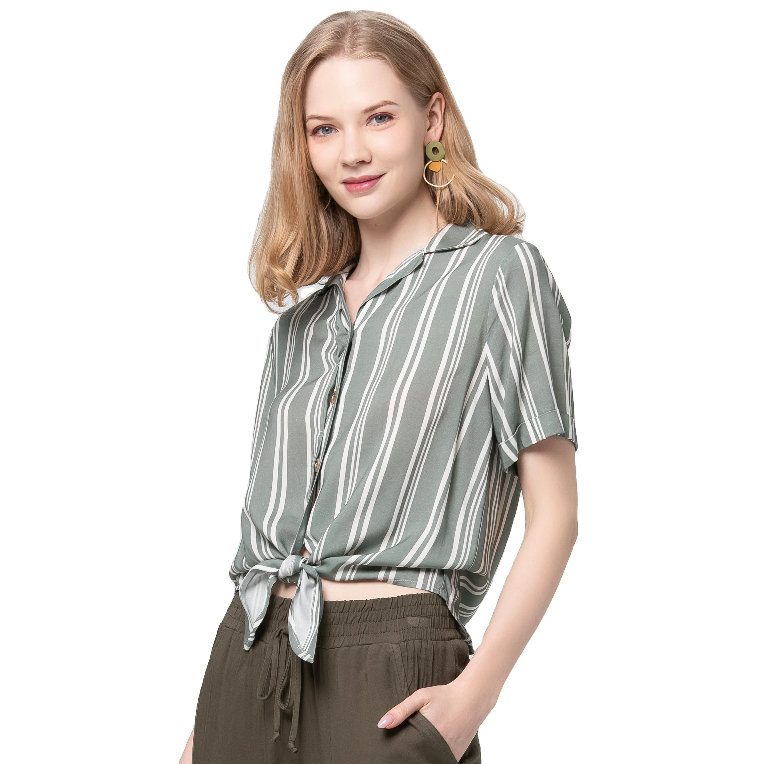 Fashion Design Lady Casual Short Sleeve Women Custom Turn Down Collar Striped Shift Blouse
Fashion Design Lady Casual Short Sleeve Women Custom Turn Down Collar Striped Shift Blouse