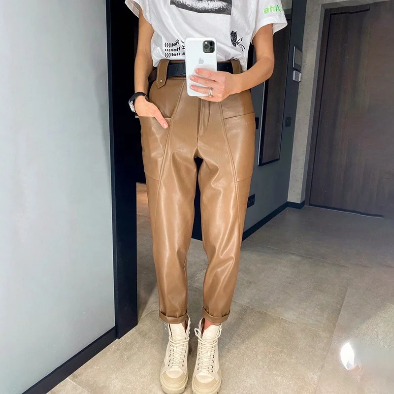 china supplier high quality street wear faux leather pockets loose pants trousers solid color for women
china supplier high quality street wear faux leather pockets loose pants trousers solid color for women