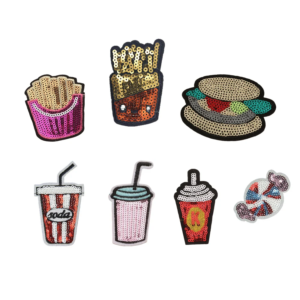 yiwu wintop lovely drinks hamburger french fries chips design iron on food sequin patches for jeans wear
yiwu wintop lovely drinks hamburger french fries chips design iron on food sequin patches for jeans wear